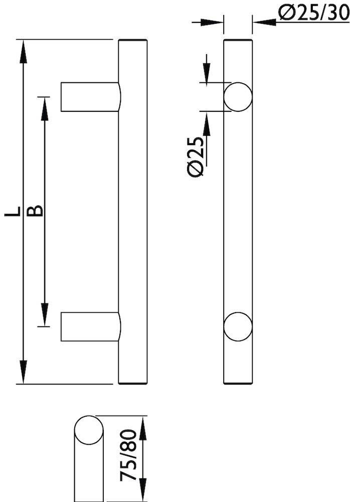 Technische Zeichnung eines Türgriffs mit Seiten- und Draufsicht und Beschriftungen: Länge (L), Breite (B), Durchmesser (Ø25).