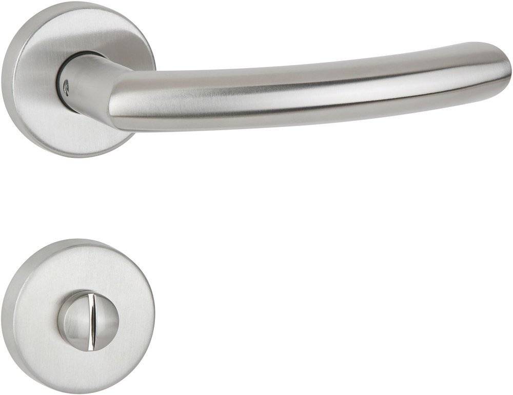 Silberner Türgriff mit passendem rundem Schloss auf weißem Hintergrund.