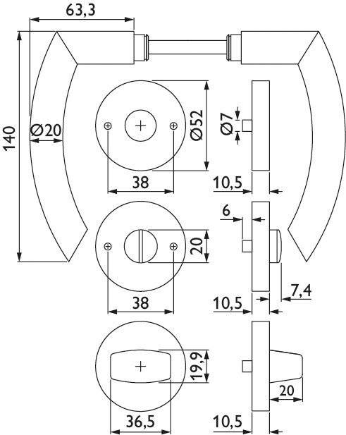 Technische Zeichnung eines Türgriffmechanismus mit Maßen. Front- und Seitenansichten zeigen Messungen von 140 mm Höhe und verschiedene Durchmesser.