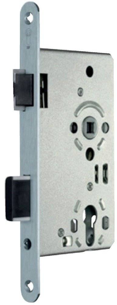 Ein metallisches Scharnier mit zylindrischem Drehzapfen und rechteckiger Befestigungsplatte, verwendet für Türen oder Schränke, vor weißem Hintergrund dargestellt.