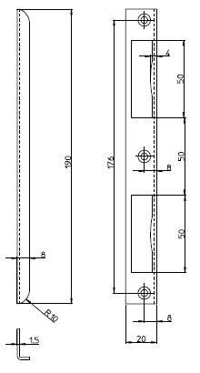 Technische Zeichnung eines rechteckigen Objekts mit beschrifteten Abmessungen: 190, 176 und 50. Enthält einen eingesetzten Kreis und ein Rechteck.