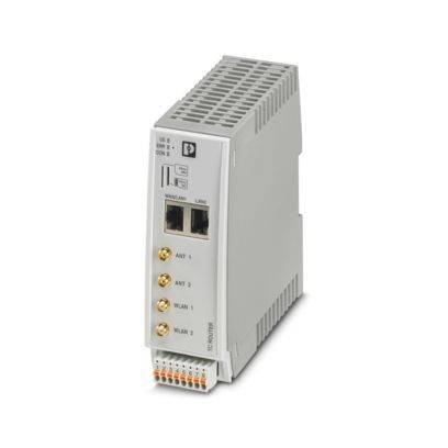 Modulares elektronisches Gerät mit zwei Ethernet-Anschlüssen und vier Antennensteckern, gekennzeichnet mit „ANT 1-2
