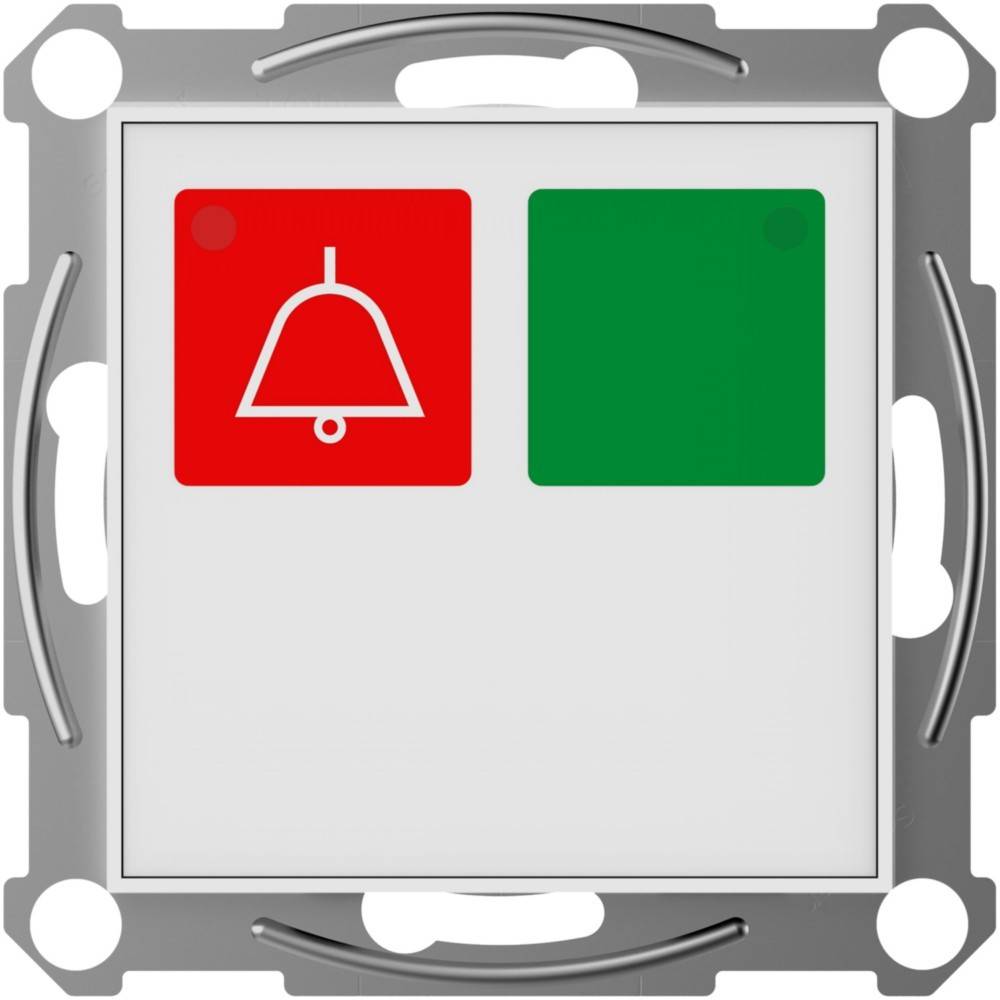 Ein Wandschalttafel mit zwei Quadraten: ein roter Quadrat mit einem Glocken-Symbol, das einen Alarm anzeigt, und ein grüner Quadrat ohne Symbol, der Normalität signalisiert.