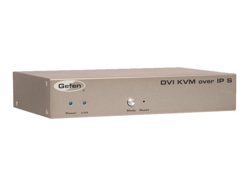 Beige Gefen DVI KVM over IP S Hardware-Einheit mit Power- und Link-Leuchten, Mode-Taste und Reset-Loch.