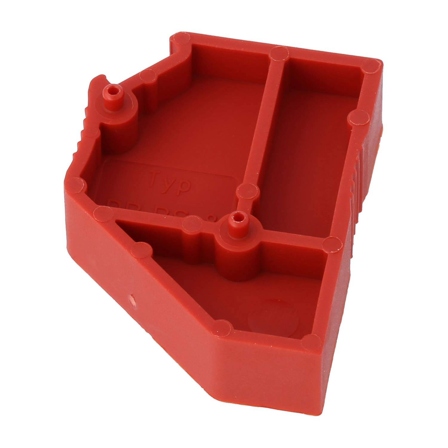 Rote Kunststoffkomponente mit einer geometrischen Form, mit Unterteilungen und zylindrischen Kerben, möglicherweise als Schutzgehäuse oder Einsatz verwendet.