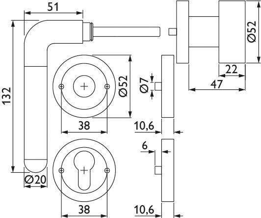 Technische Zeichnung eines Türgriffsets mit detaillierten Abmessungen. Hauptgriff: 51mm von der Basis; Zierrosetten: 52mm und 38mm Durchmesser.