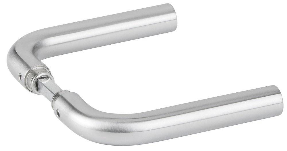 Ein elegantes, silberfarbenes Metallgriff mit einem geschwungenen, eckigen Design.