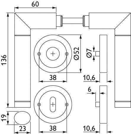 Technische Zeichnung eines kreisförmigen Türschlosses mit Maßangaben: Durchmesser 52mm, zentraler ovaler Raum mit „38