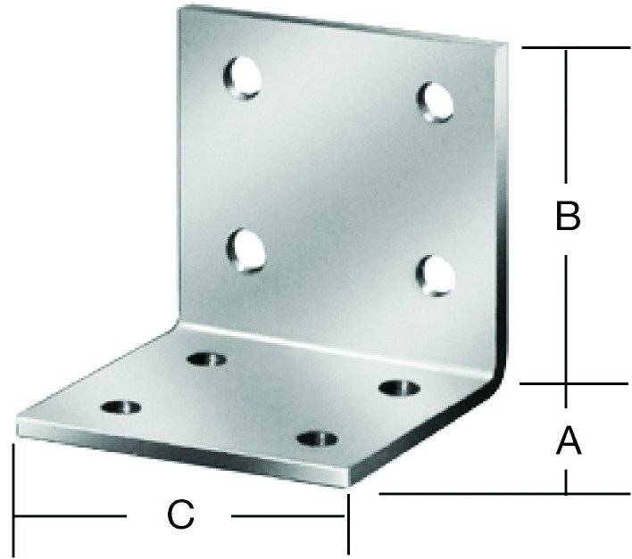 Metall-L-Winkel mit sechs Bohrungen; drei auf jeder Seite, beschriftet mit den Abmessungen A, B und C, die Höhe, Breite und Tiefe angeben.