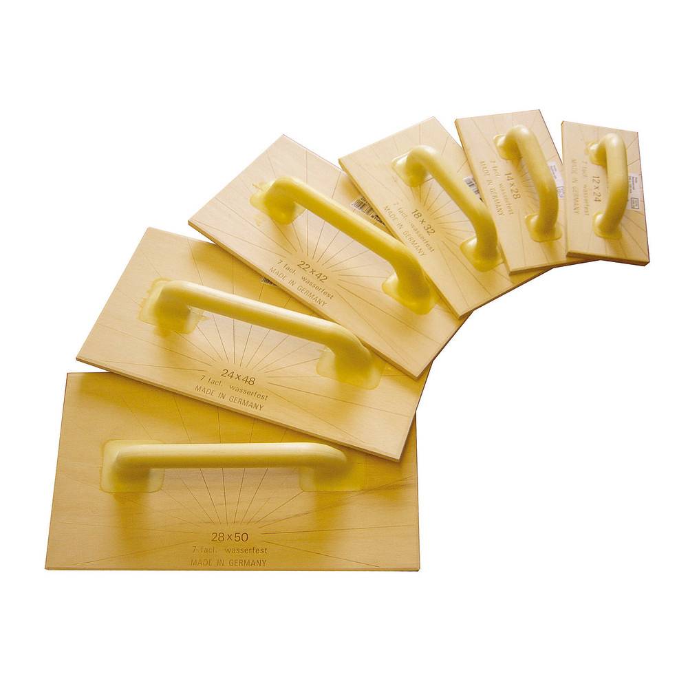 Vier gelbe rechteckige Schleifblöcke mit Griffen in verschiedenen Größen, in einem gefächerten Muster angeordnet.