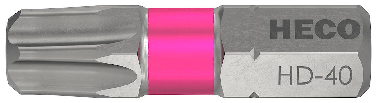 Metallische Sechskantaufsatz mit rosa Mittelbande, rechts mit der Bezeichnung HECO HD-40 gekennzeichnet.