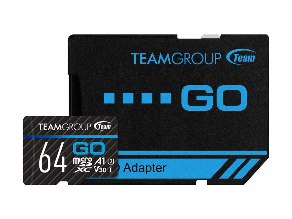 TeamGroup 64GB GO microSD-Karte mit Adapter, gekennzeichnet mit U3 und V30, auf weißem Hintergrund dargestellt.