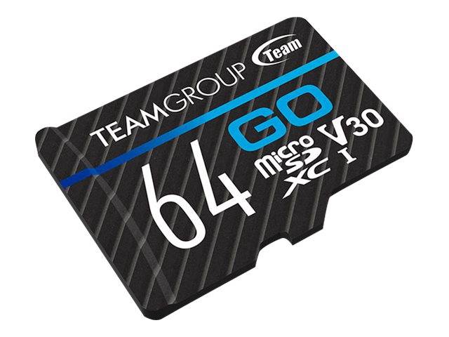 TeamGroup 64 GB microSDXC-Speicherkarte, beschriftet mit GO, V30 und I, auf weißem Hintergrund dargestellt.
