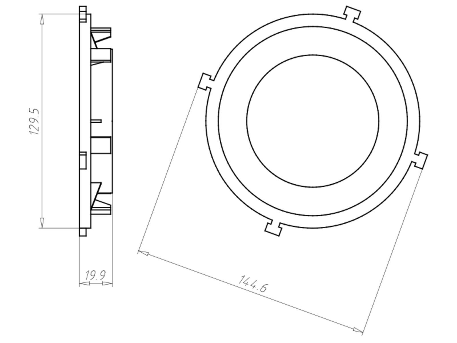 Technische Zeichnung eines kreisförmigen Ventilators mit Seitenansicht und Draufsicht. Die Zeichnung zeigt detaillierte Abmessungen: 19,9 mm Dicke, 144,6 mm Durchmesser.