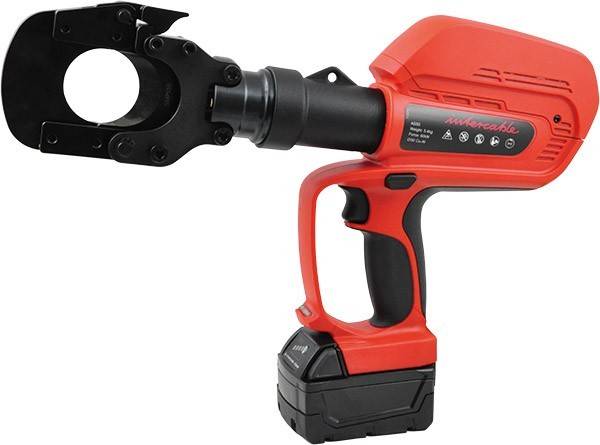 Ein roter, kabelloser hydraulischer Crimpwerkzeug mit schwarzem Griff und Akku. Verwendet zum Crimpen von Kabeln in der Elektro- oder Baubranche.