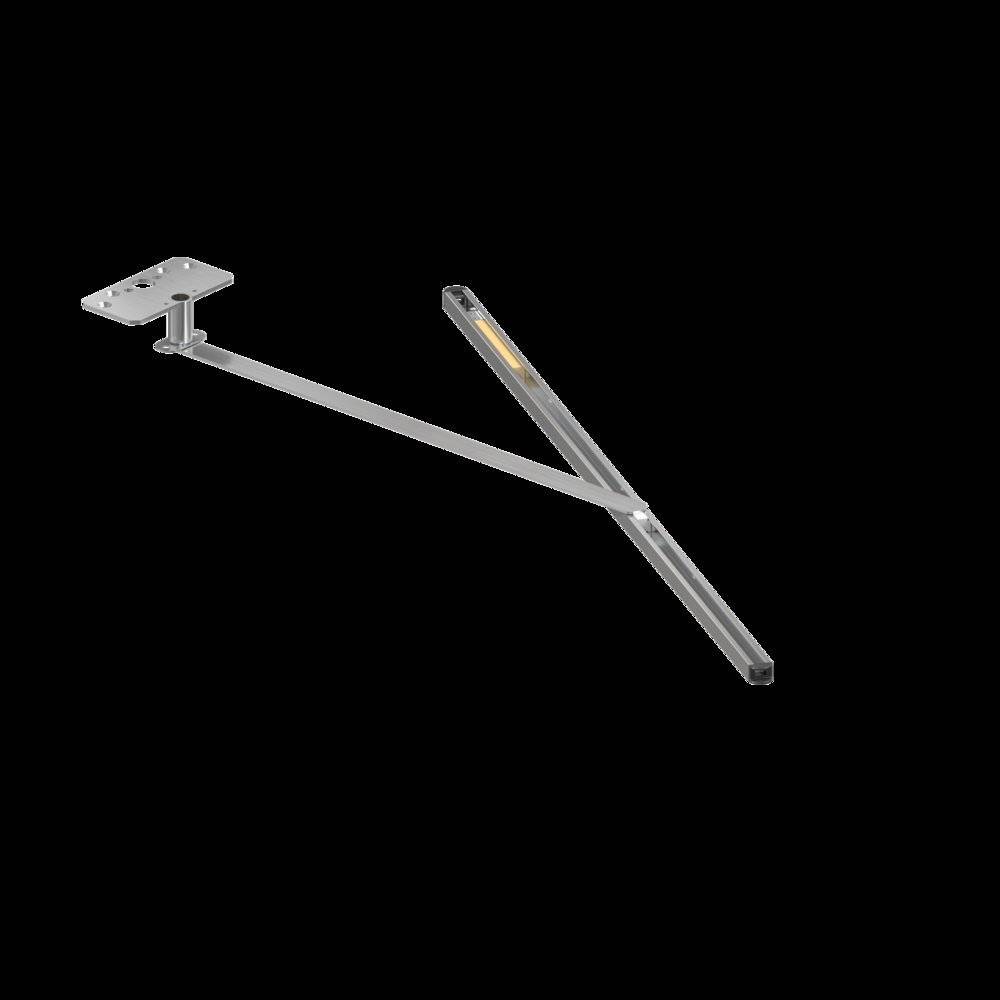 Eine elegante moderne wandmontierte Lampe mit einem verstellbaren Arm, mit einem schlanken rechteckigen Leuchtenstab, vor einem schwarzen Hintergrund.