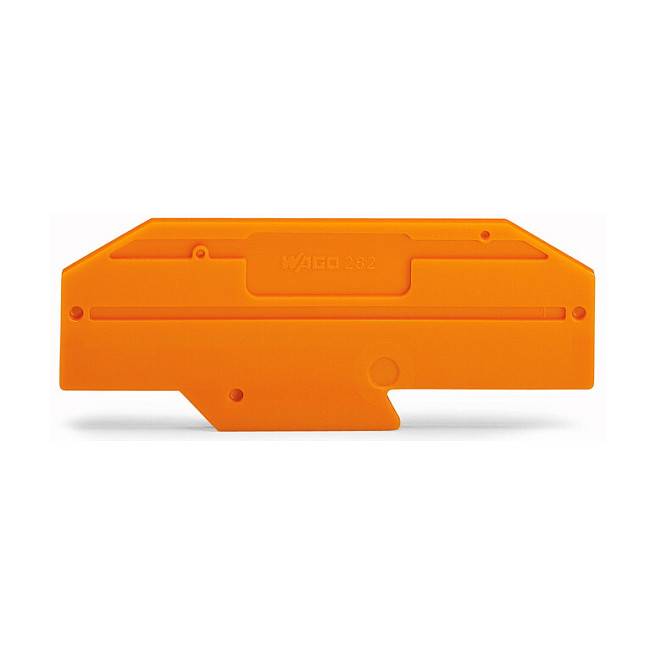 Orangefarbene Kunststoff-Schutzabdeckung oder Schutzvorrichtung mit schlitzförmiger Aussparung, dargestellt auf weißem Hintergrund.