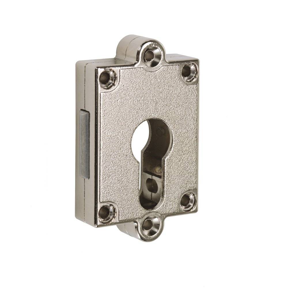 Eine metallische Schlüsselloch-Abdeckung mit rechteckiger Form, bestehend aus einer zentralen kreisförmigen Öffnung und vier Schrauben zur Befestigung.