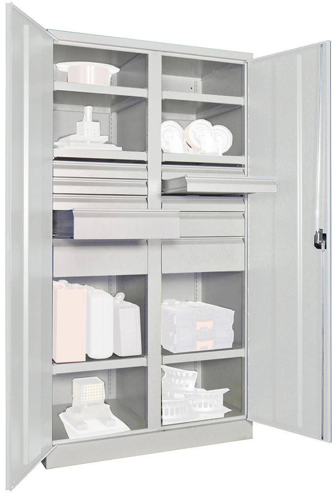 Schwerlastschrank m.TürenH1950xB1040xT630 mm 6 FB,SL 6x75,2x125,175mm RAL 7035 Mittelwand - Artikel: 7830354352