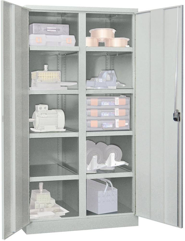 Schwerlastschrank m.TürenH1950xB1040xT630 mm 8 Böden RAL 7035 Mittelwand - Artikel: 7830354332