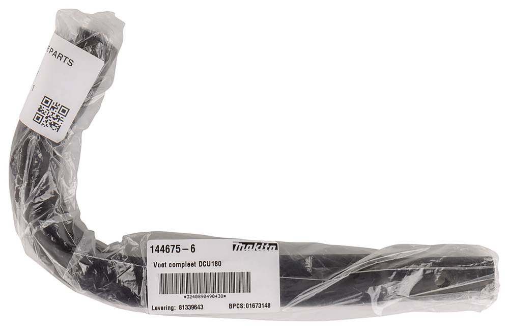 Ein in Kunststoff verpackter schwarzer Staubsaugerschlauch mit den Aufklebern „144675-6" und „Voet compleet DCU180"" vor einem schlichten weißen Hintergrund.