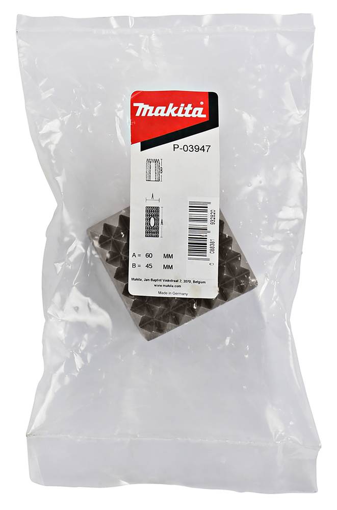 Transparenter Kunststoffbeutel mit Makita-Ersatzteilen P-03947, gekennzeichnet mit A=60 mm und B=45 mm.