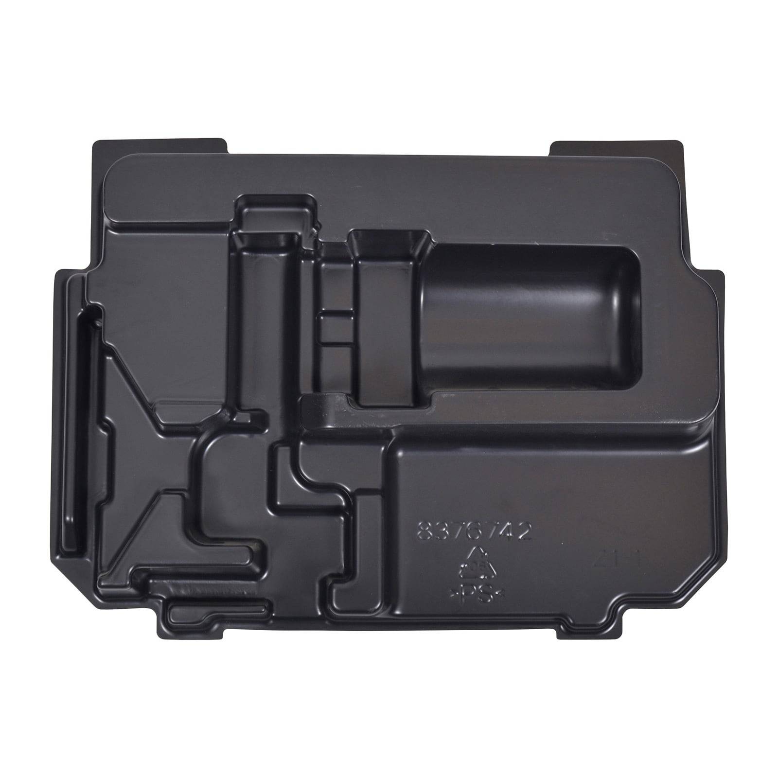 Ein schwarzes Plastikbehältnis mit mehreren Fächern und komplizierten Rillen, möglicherweise für die Verpackung oder Aufbewahrung von kleinen Gegenständen verwendet.
