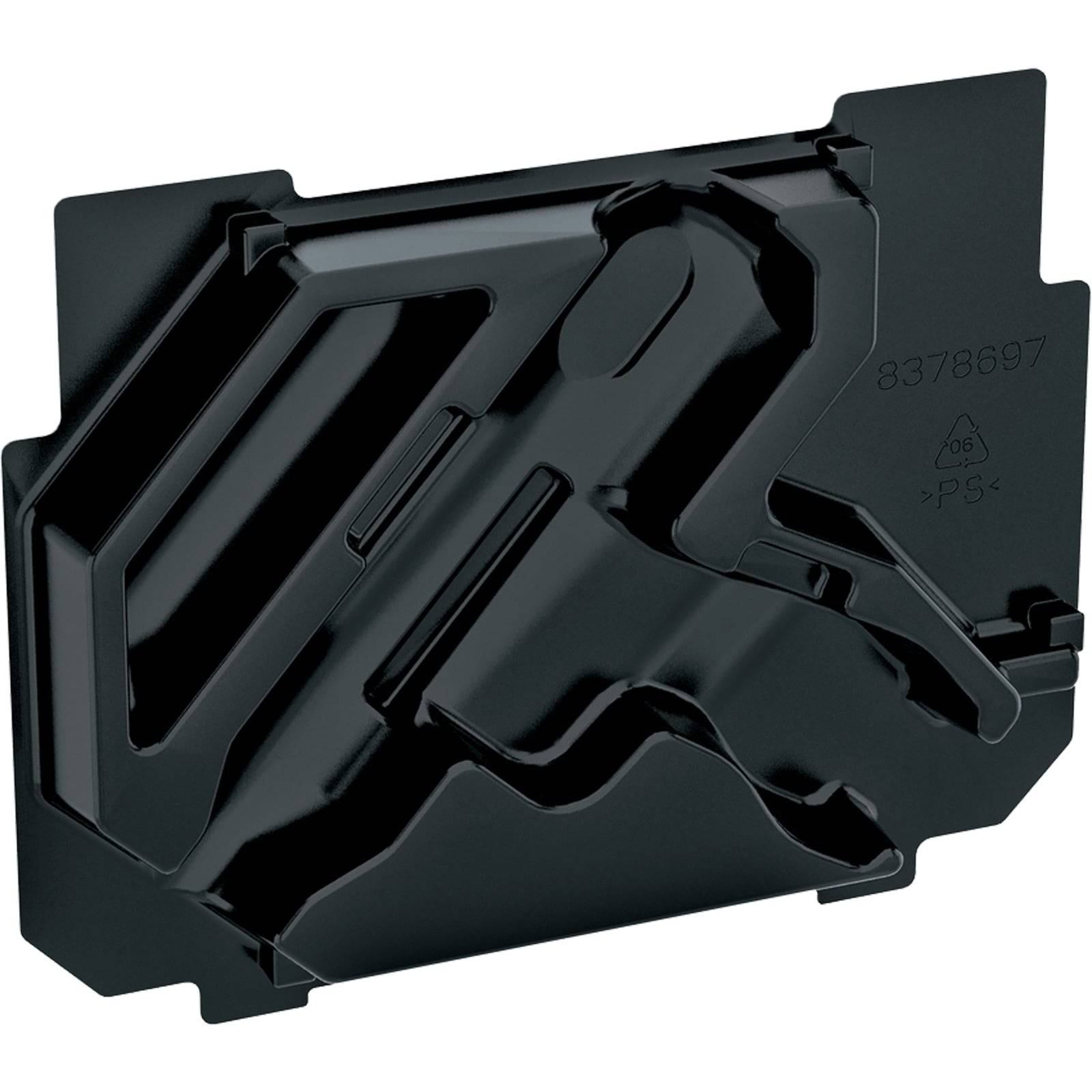 Ein schwarzes, geformtes Plastikablage mit verschiedenen Fächern, entwickelt, um bestimmte Gegenstände sicher und fest an ihrem Platz zu halten.