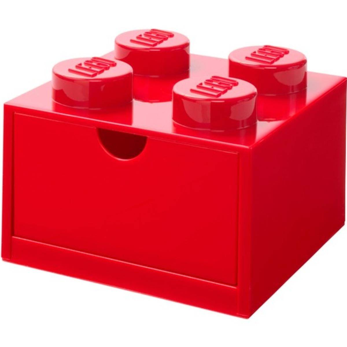 Rote LEGO-ähnliche Aufbewahrungsbox mit vier Noppen auf der Oberseite und einer Griffmulde an der Vorderseite.