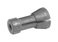 Grauer Metallfastener oder Verbinder in Zylinderform mit einer hohlen Öffnung an einem Ende und ausgestelltem Ende am anderen Ende, dargestellt auf weißem Hintergrund.