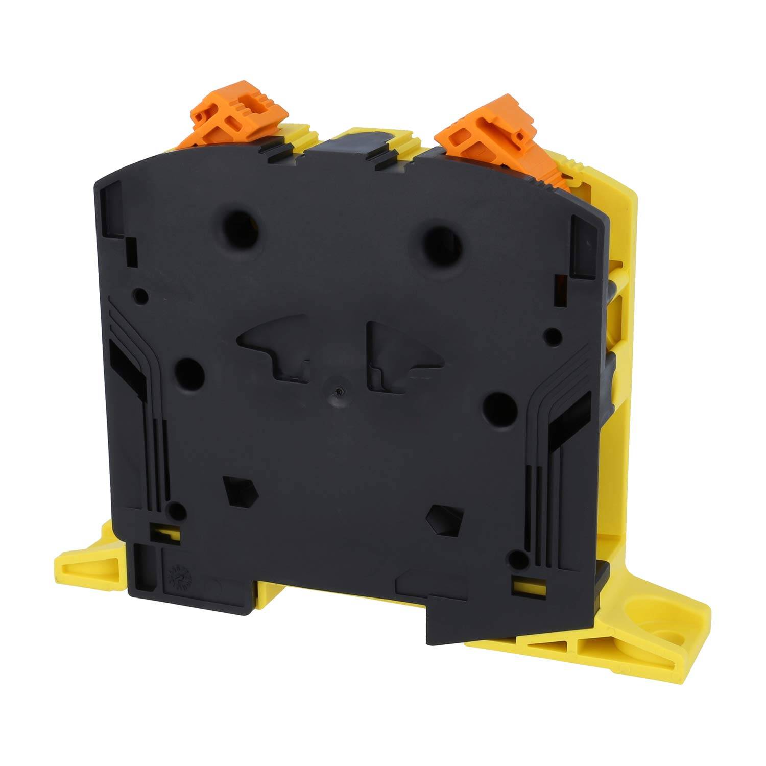 Schwarzes und gelbes Klemmleistenblock mit zwei orangefarbenen Hebeln oben, wird zum sicheren Verbinden von Elektrokabeln verwendet.