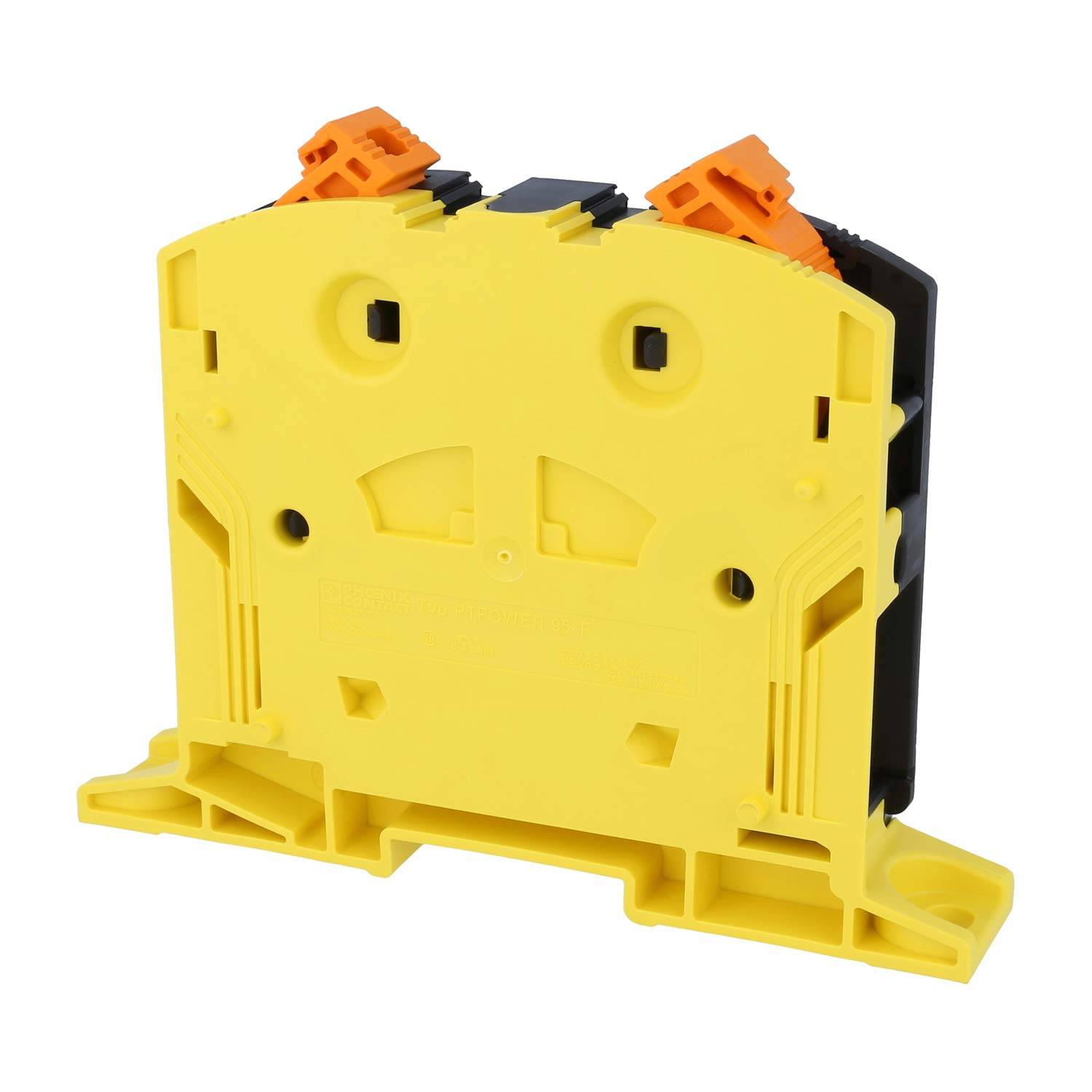 Ein gelbes und schwarzes Elektroklemmen-Block mit zwei orangefarbenen Anschlüssen oben, konzipiert zur Montage auf einer DIN-Schiene.