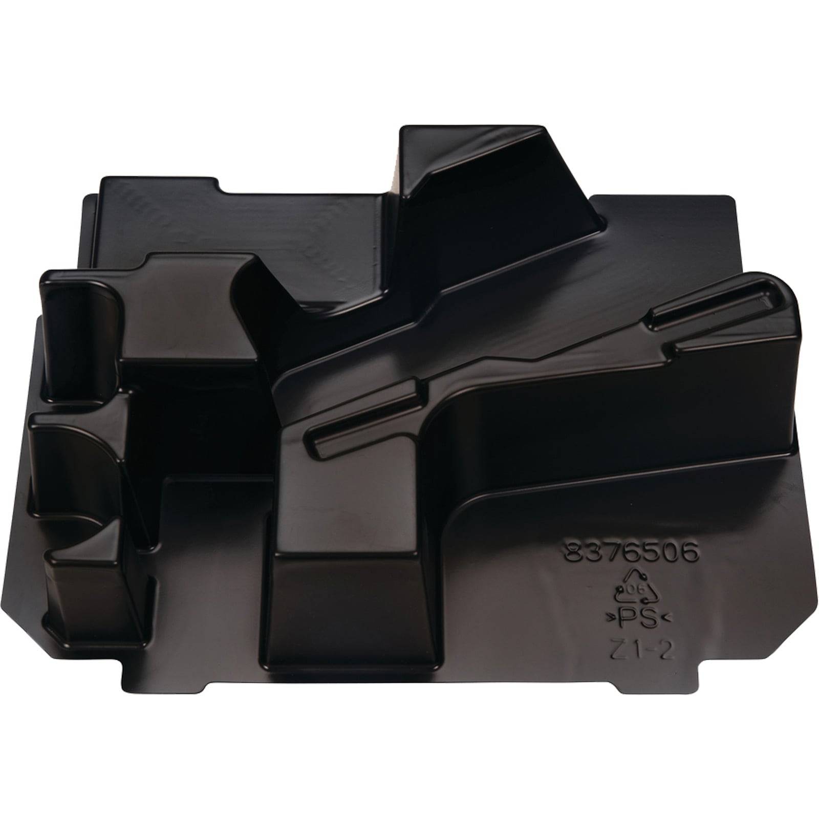 Eine schwarze Kunststoffverpackungseinsatz mit verschiedenen Fächern zum sicheren Halten bestimmter Gegenstände. Das Material ist als PS (Polystyrol) gekennzeichnet.