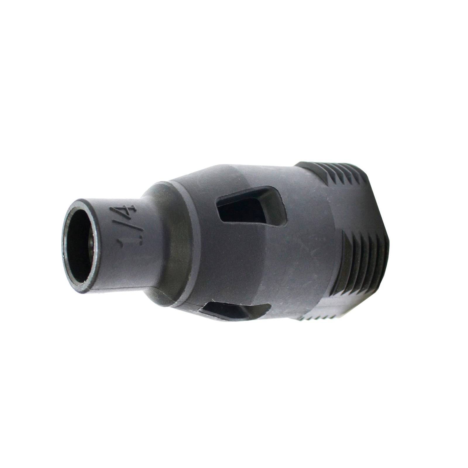 Eine Nahaufnahme eines grauen, zylindrischen Verbinders mit mehreren Schlitzen und Rillen, der wie eine elektronische oder mechanische Komponente aussieht.