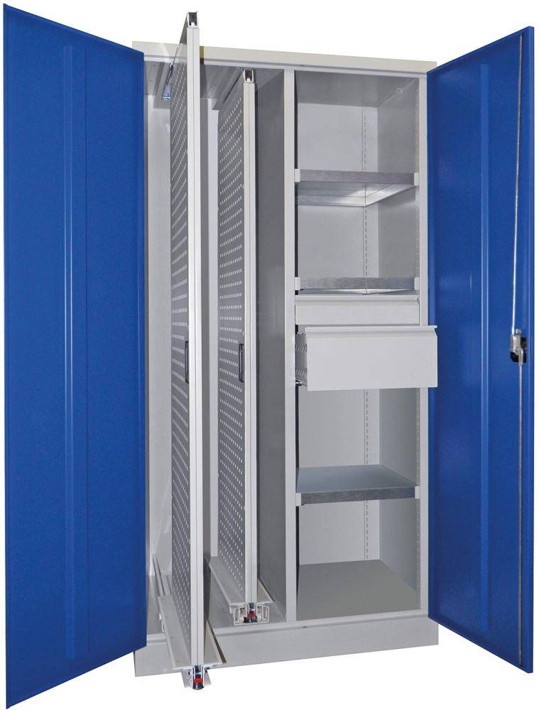 Vertikalauszugsschrank B1000xT600xH1950 mm 2 Wannen, 3 Böden, 2 SL RAL 7035/5012, Mittelwand - Artikel: 7830947249