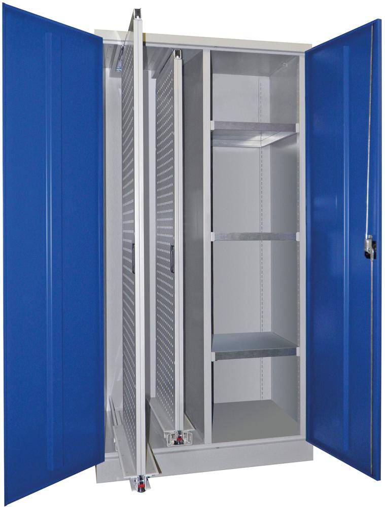 Vertikalauszugsschrank B1000xT600xH1950 mm 2 Wannen, 3 Böden RAL 7035/5012, Mittelwand - Artikel: 7830947245