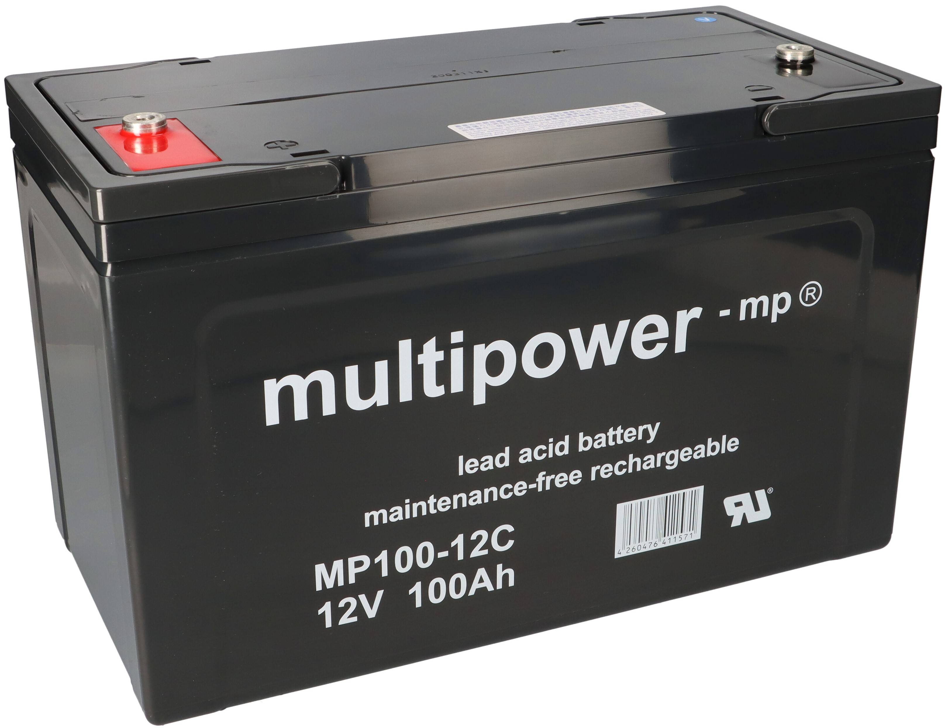 Schwarze Blei-Säure-Mehrzweck-Wiederaufladbatterie, Modell MP100-12C 12V 100Ah, mit rotem Pluspol und silbernem Minuspol.