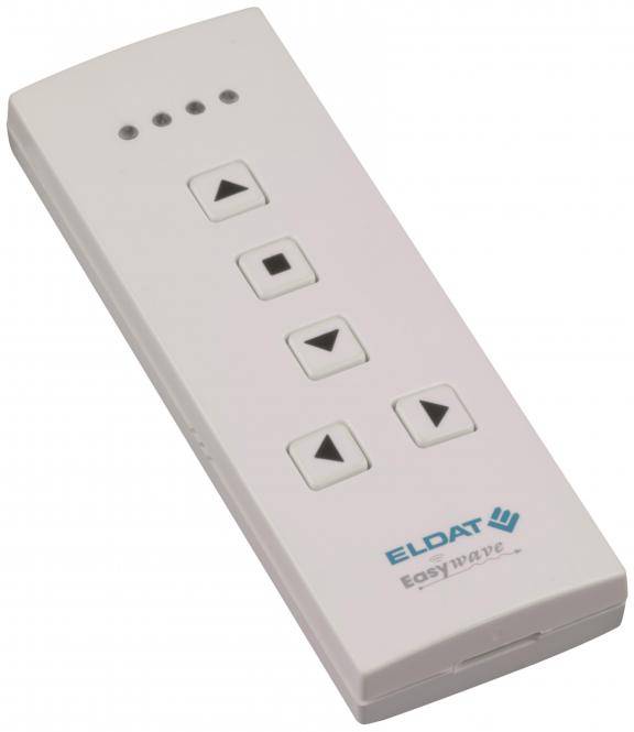 Weiße tragbare Fernbedienung mit der Beschriftung „ELDAT Easywave
