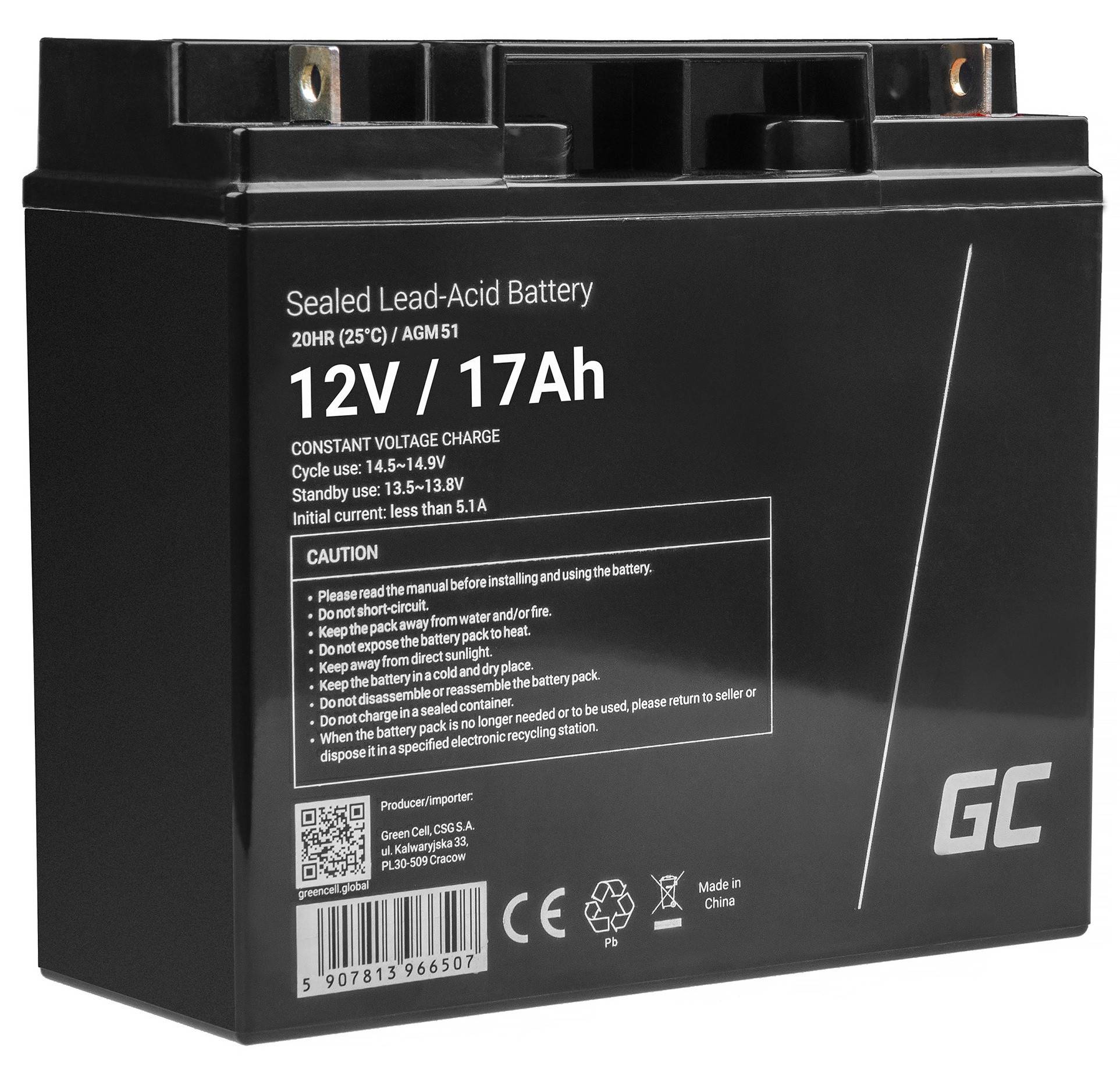 AGM-Batterie Blei-Säure VRLA - 12V - 17Ah für Motorboote &amp; EV