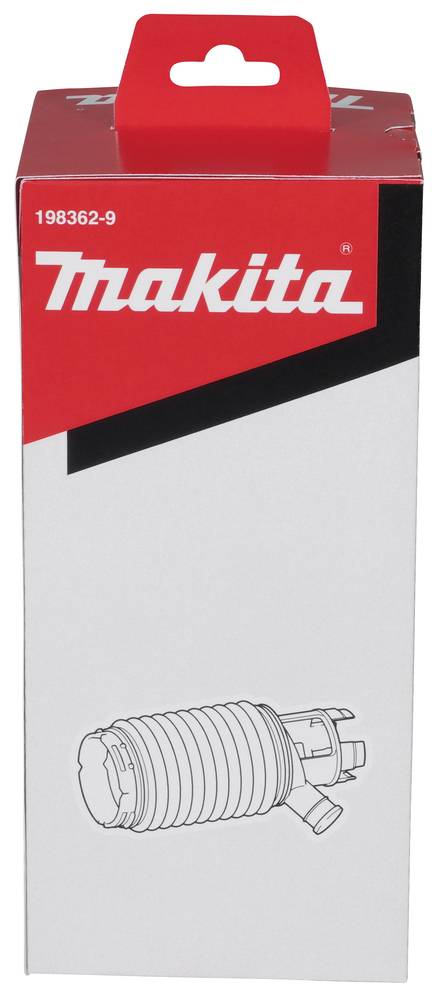 Makita-Produktkarton in Rot und Weiß mit Aufhängelaschen, Modell 198362-9, und eine Linienzeichnung eines zylindrischen Werkzeugteils auf der Vorderseite.