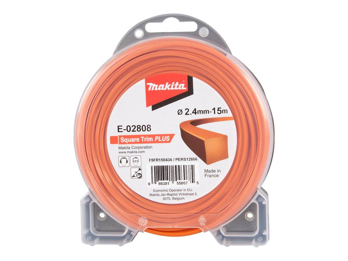 Makita Square Trim Plus orange Schneidkopf, Modell E-02808, 2,4 mm x 15 m, in transparenter Verpackung.