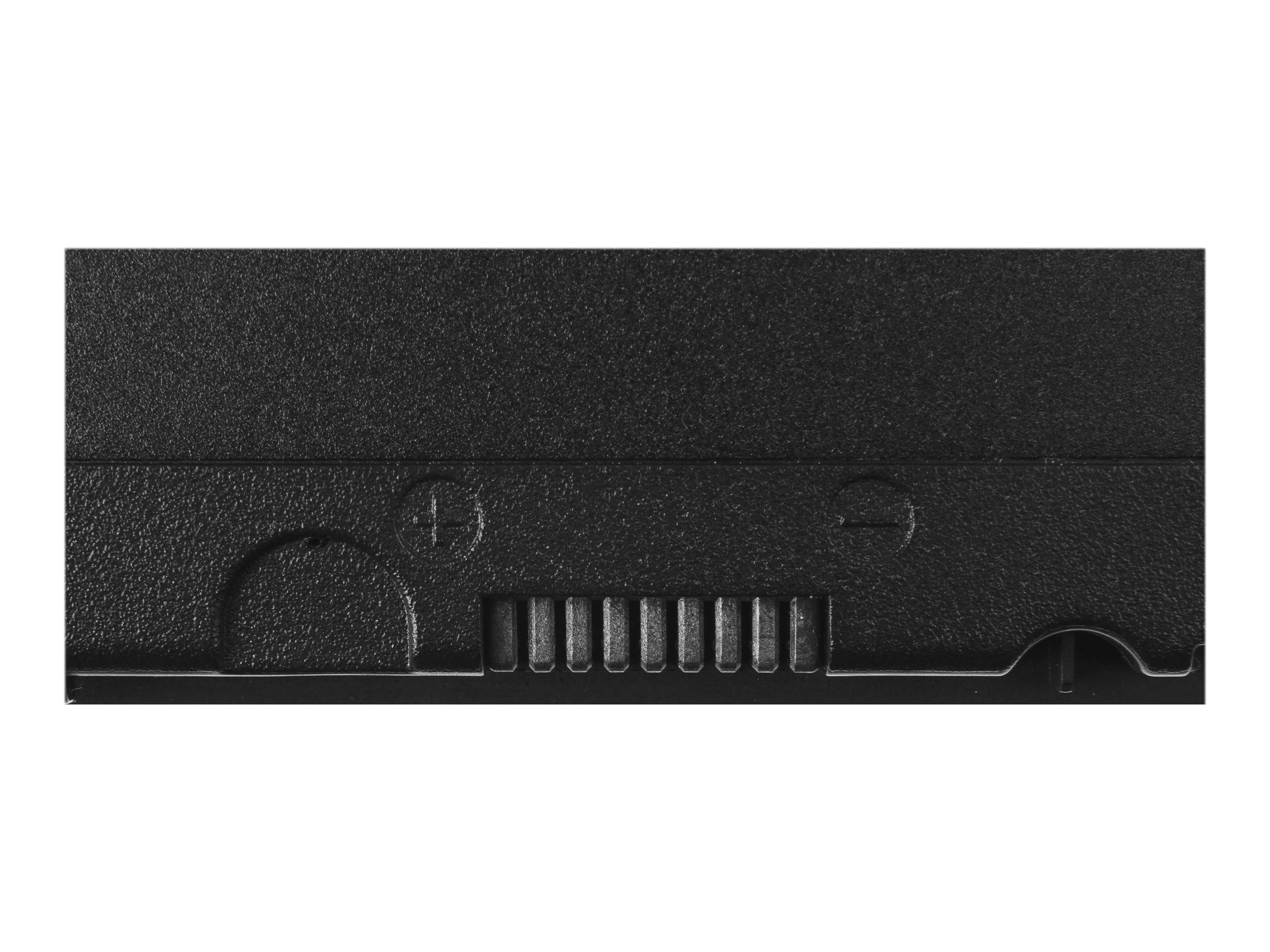 Nahaufnahme eines schwarzen Laptop-Akkupacks mit sichtbaren Anschluss-Kontakten und Verriegelungsausschnitten.