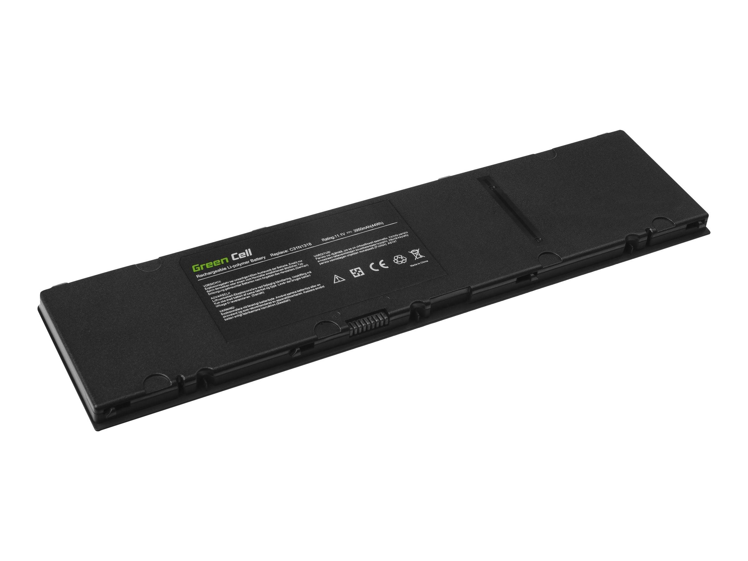 Schwarzes Laptop-Akku-Pack mit Green-Cell-Etikett, isoliert auf weißem Hintergrund dargestellt.