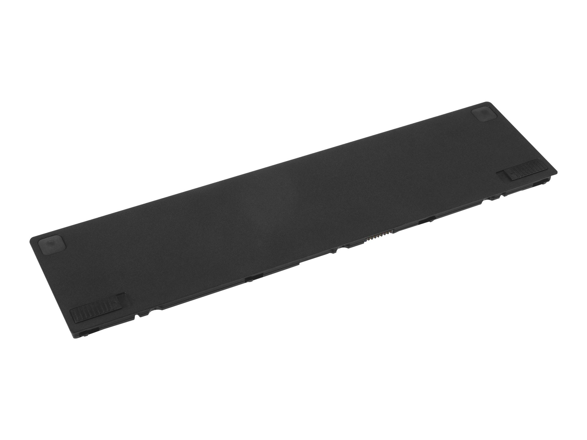 Schwarze rechteckige Laptop-Batterie, isoliert auf weißem Hintergrund dargestellt.