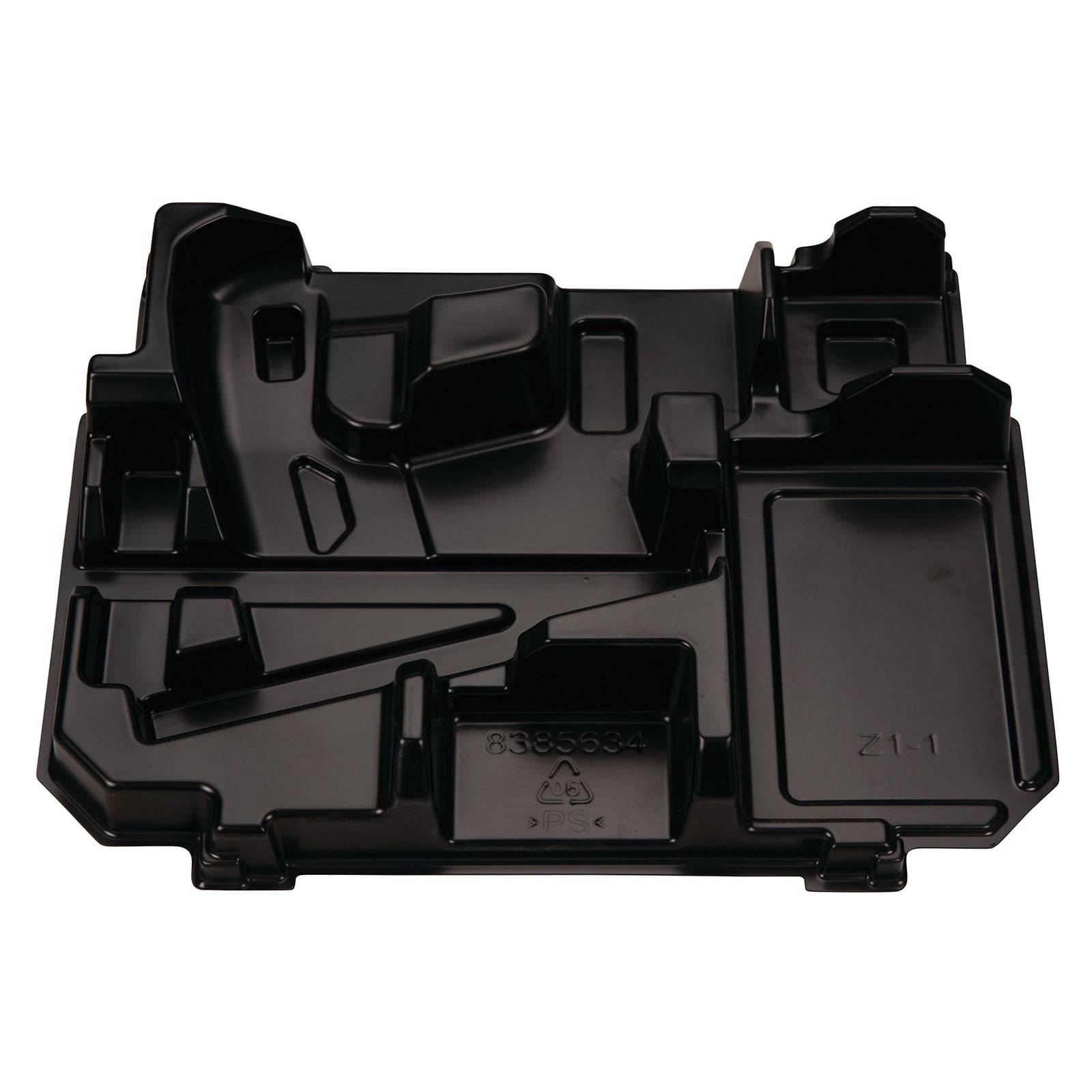 Schwarzes Plastikablagefach mit verschiedenen Fächern und Bereichen, das zur Organisation oder Aufbewahrung von Gegenständen verwendet wird. Recycling-Symbol auf der Oberfläche sichtbar.