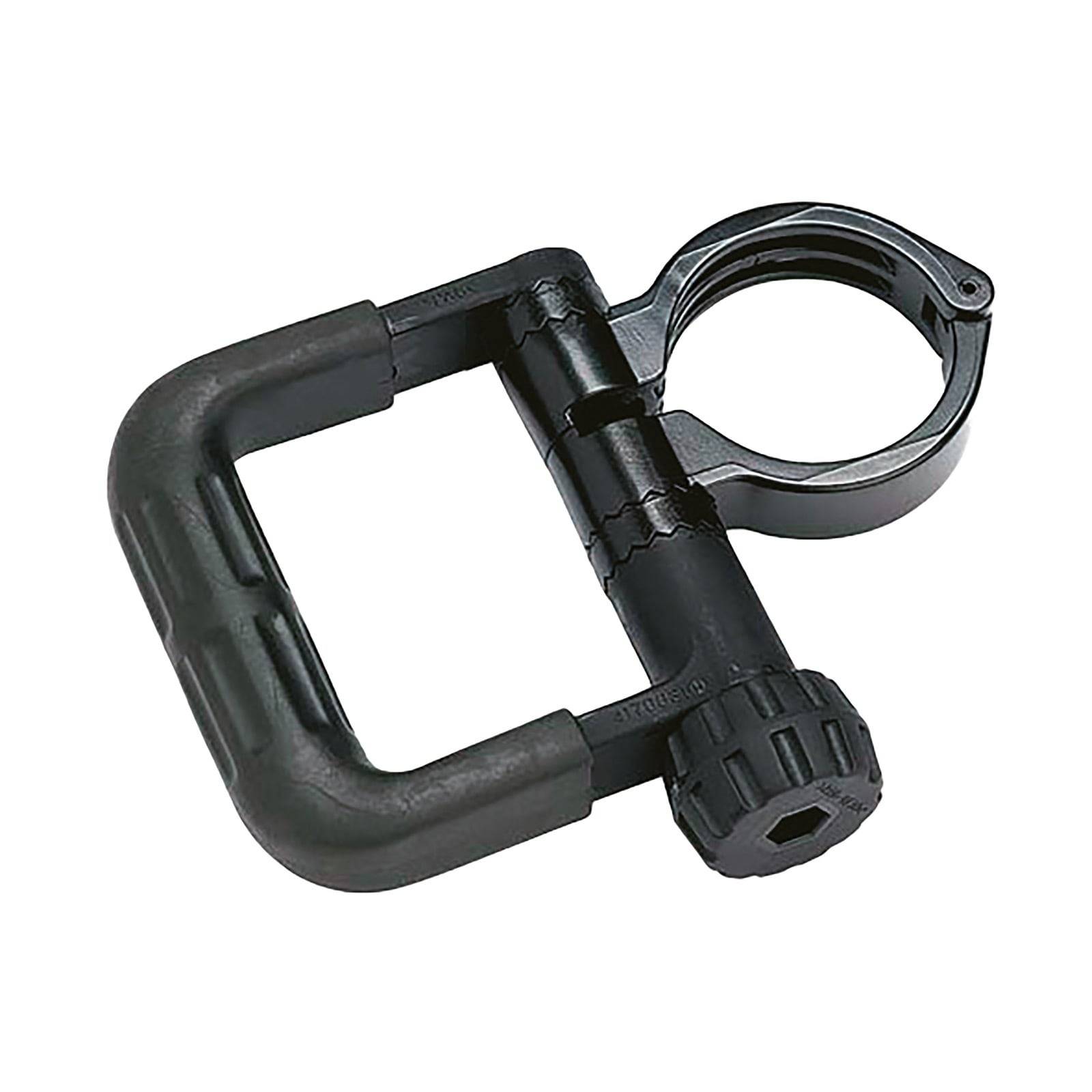 Eine schwarze Klemme mit einem kreisförmigen Spannmechanismus und einem rechtwinkligen Griff, die zum Befestigen von Gegenständen vorgesehen ist und wahrscheinlich in mechanischen Umgebungen verwendet wird.