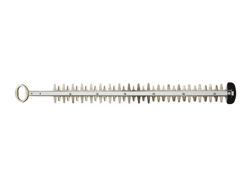 Ein langer tragbarer Heckenschneider mit Zirkelgriff an einem Ende und schwarzer Endkappe am anderen Ende.