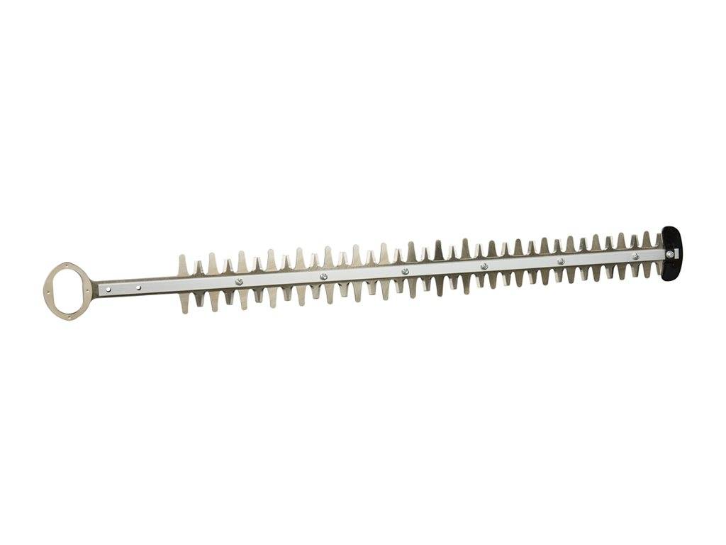 Lange Metallheckenschneider-Aufsatzeinheit mit doppelten Zahnreihen, Ringgriff an einem Ende und schwarzer Antriebshalterung am anderen Ende, auf weißem Hintergrund dargestellt.