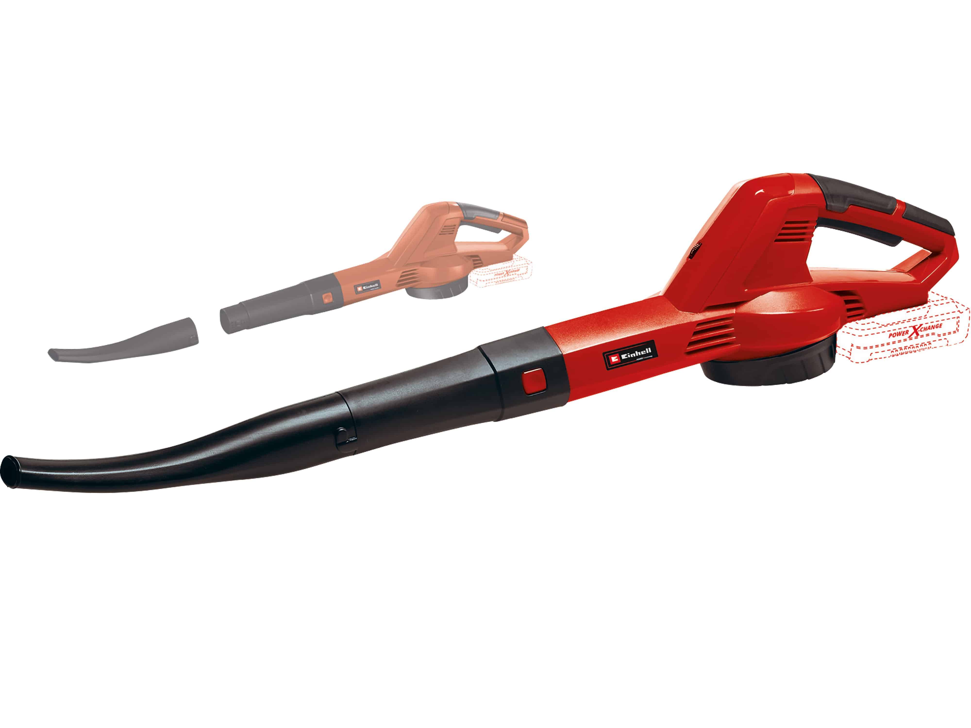 Ein rotes und schwarzes tragbares Laubgebläse mit verlängerter Düse, entwickelt für die Außenanwendung zum Entfernen von Laub und Schmutz.