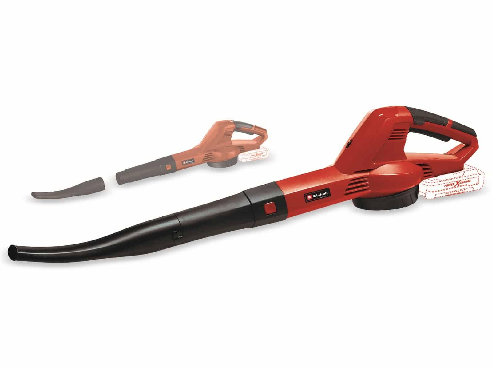 Ein roter Laubblä­ser mit schwarzer Düse und Griff wird gezeigt, wobei sein tragbares und ergonomisches Design hervorgehoben wird. Das Markenlogo ist sichtbar.